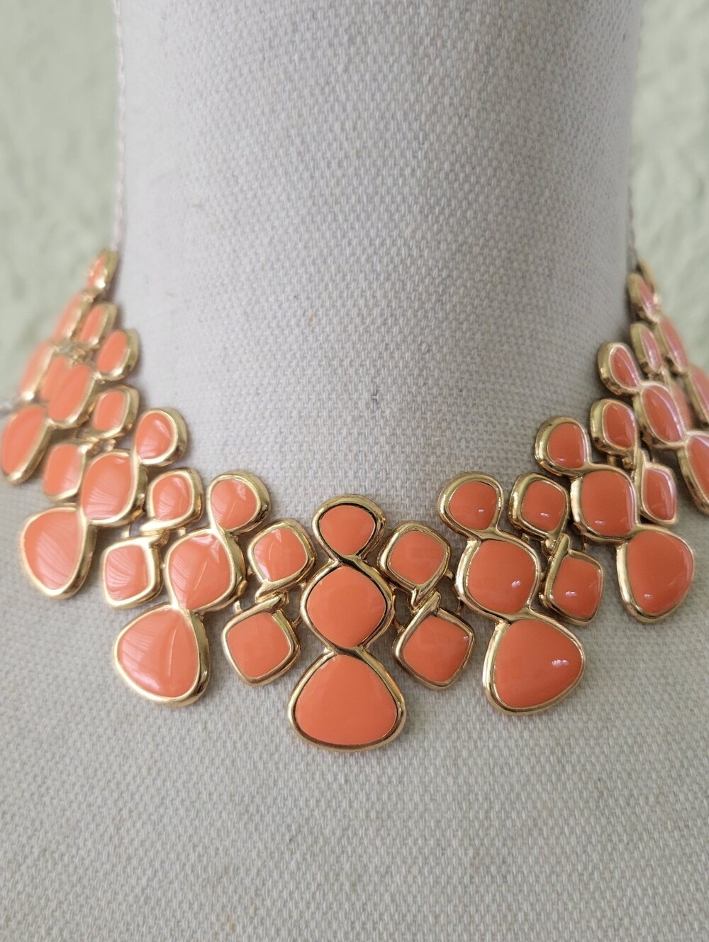 Vintage Statement Orange Enamel Collar Necklace Choker Gold tone 18 in